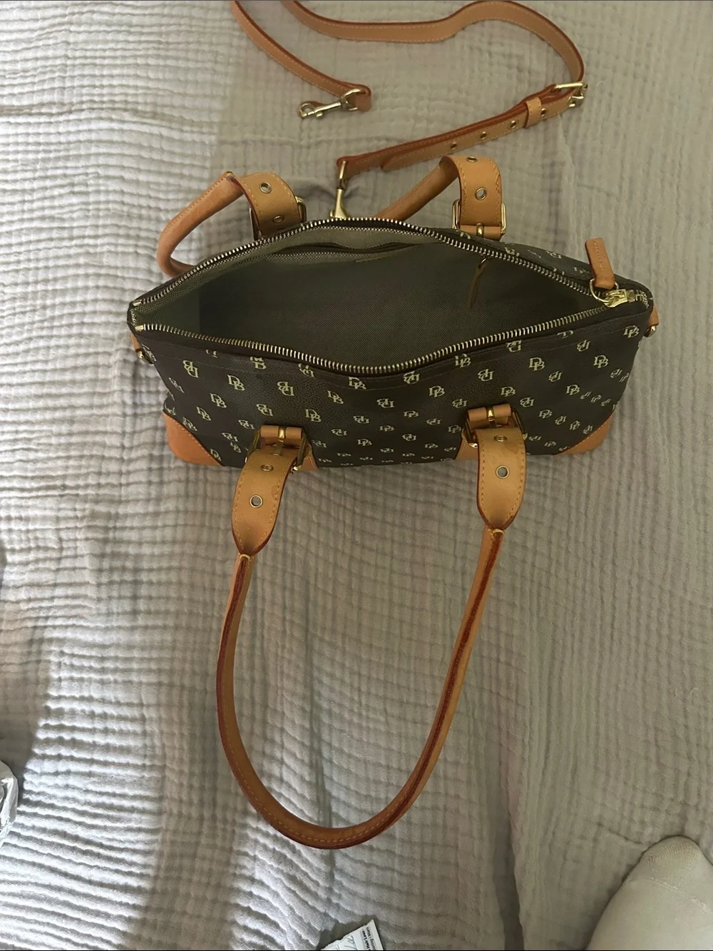 Dark Brown Logo-Print Domed Satchel Bag with Tan Trim